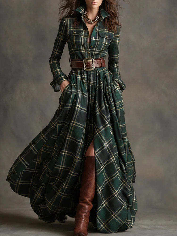 Women's Plus Size Plaid Print Long Sleeve Shirt Dress with Pockets