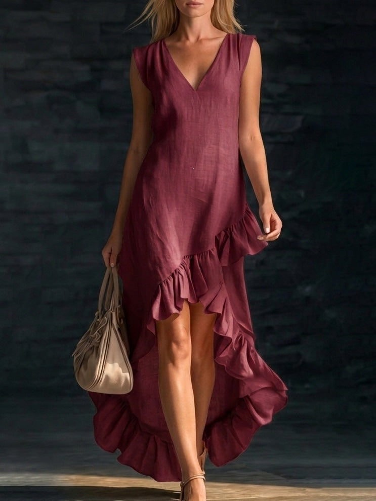 Sleeveless V-Neck Ruffle Hem Maxi Dress – Women's Cotton Linen