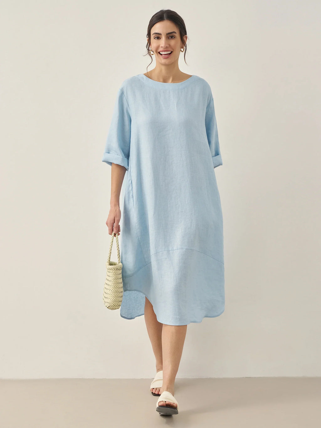 100% Linen Bateau Neck Midi Dress BROOKE