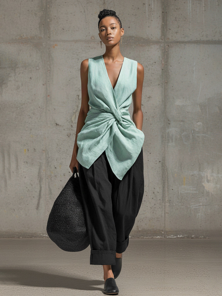 Women's Tie-Front V-Neck Sleeveless Top & Wide-Leg Pants Set