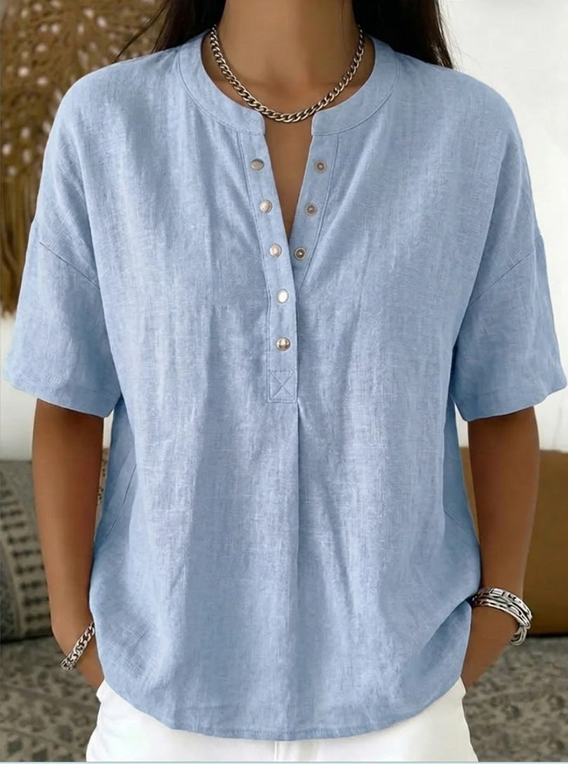 Women's Solid Color Loose-Fit Short-Sleeve Pullover Top