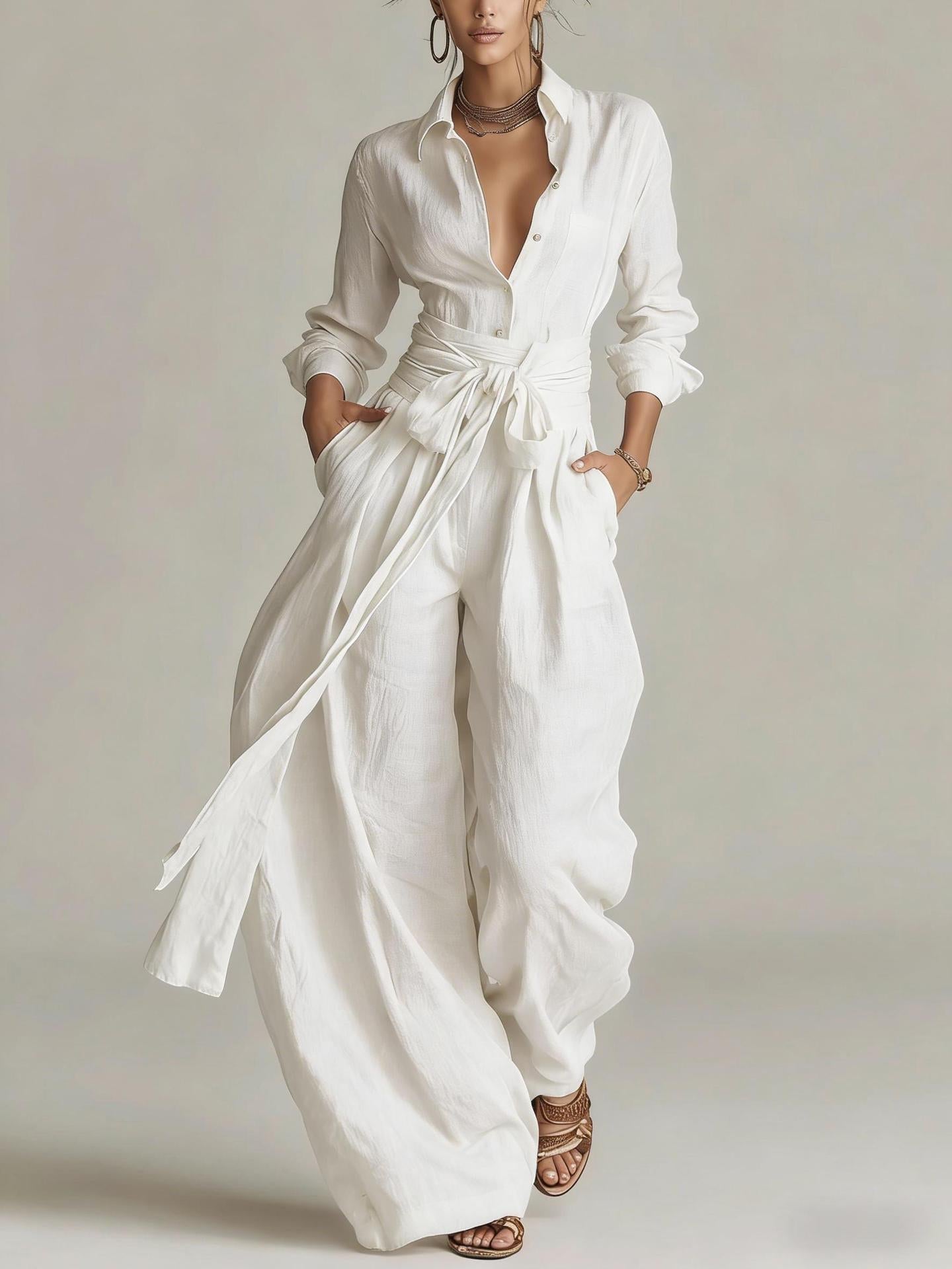 Women's Collar Long Sleeve Top & High-Waist Pants Two-Piece Set – 5 Colors
