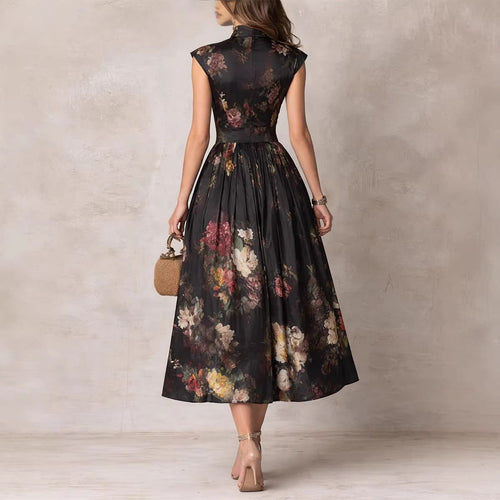 Black Digital Floral Print High-Waist Maxi Dress – Sleeveless Irregular Hem Long Dress