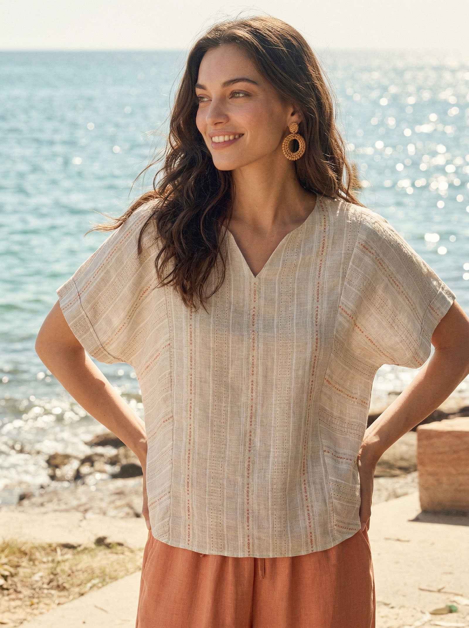 Linen Split-Neck Drop-Shoulder Top KIERA