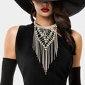 Round Stone Pointed Long Dropped Rhinestone Fringe Choker Necklace