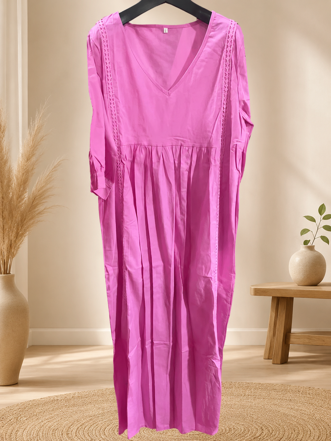 Women's V-Neck Dress – Lace Trim, Loose Fit, 7 Colors