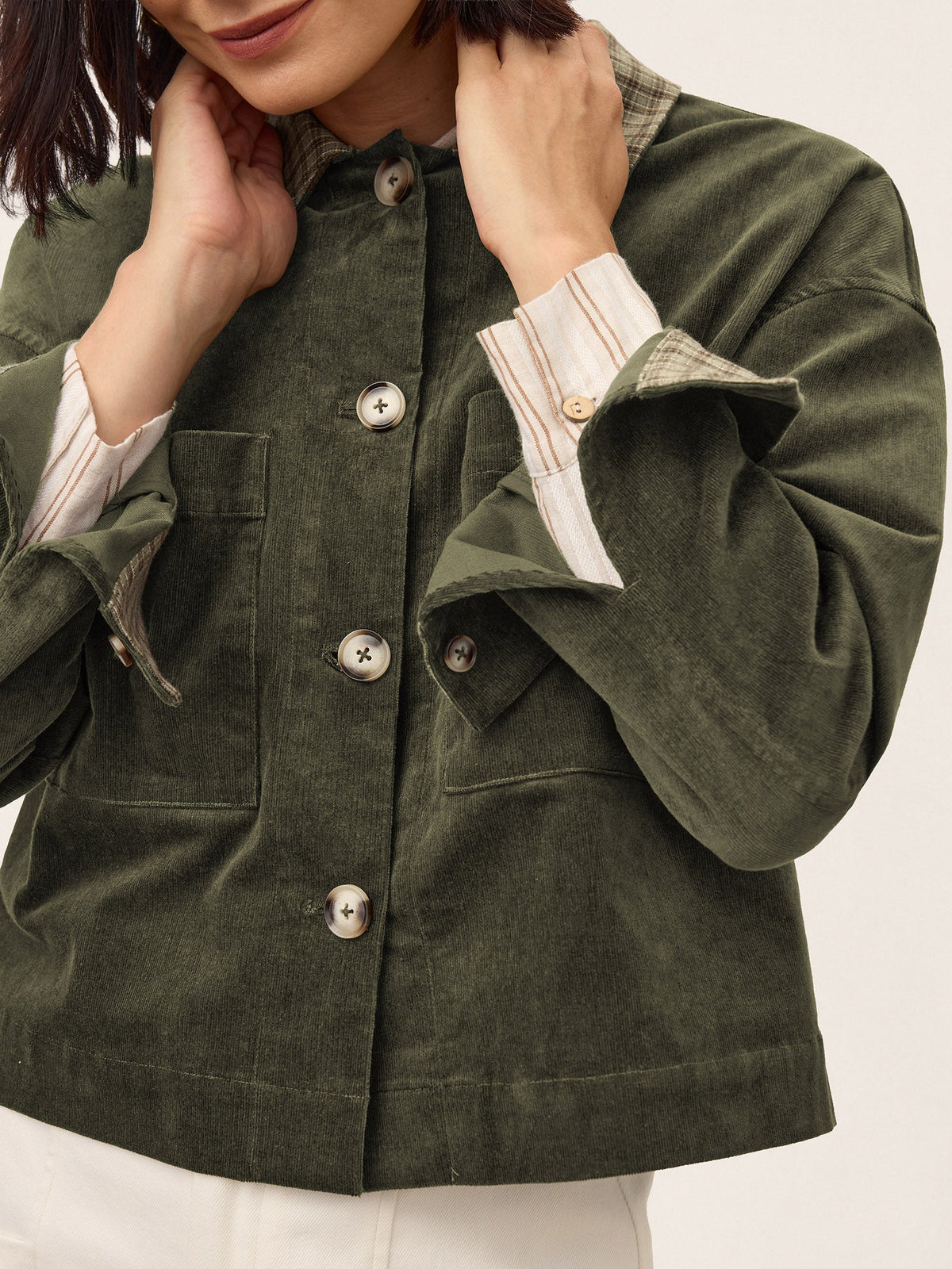 Cotton Lyocell Contrast Check Collar Cropped Jacket FLORENZA