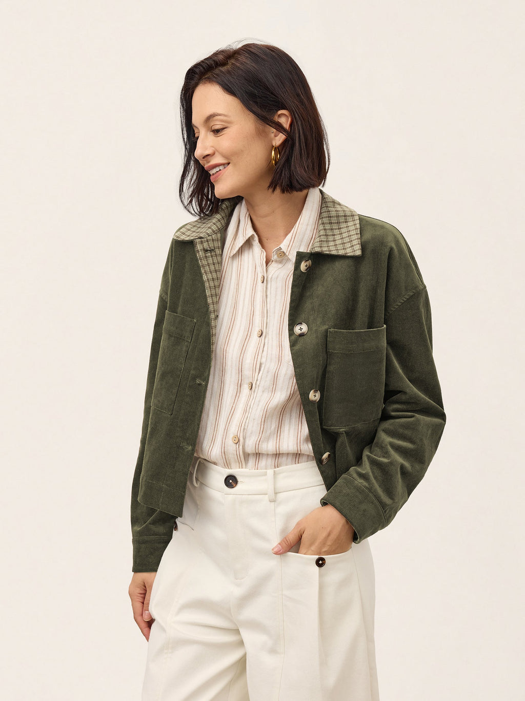 Cotton Lyocell Contrast Check Collar Cropped Jacket FLORENZA