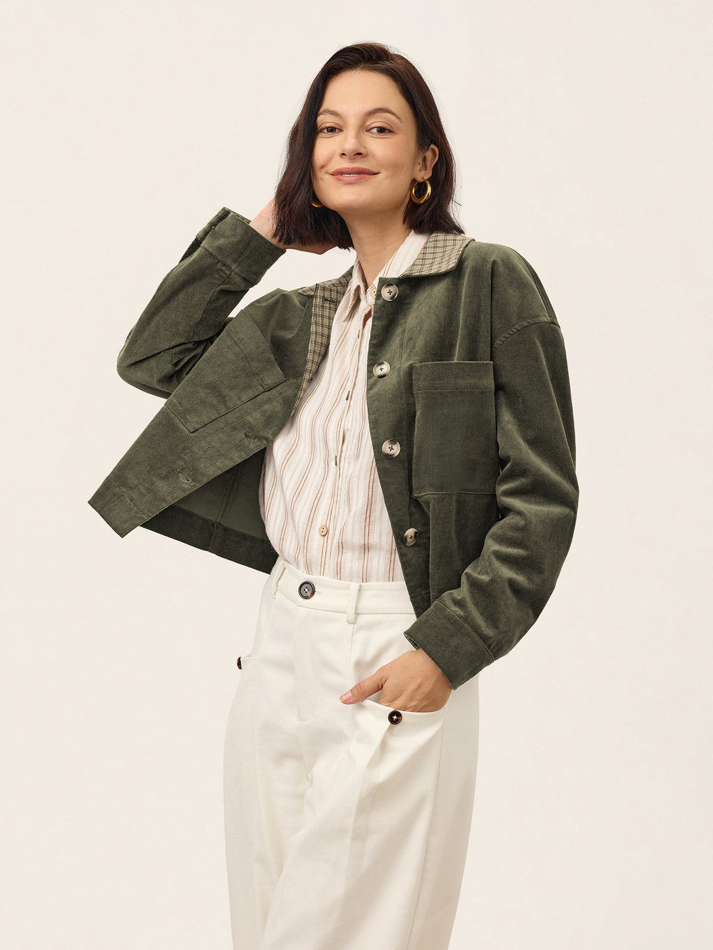 Cotton Lyocell Contrast Check Collar Cropped Jacket FLORENZA