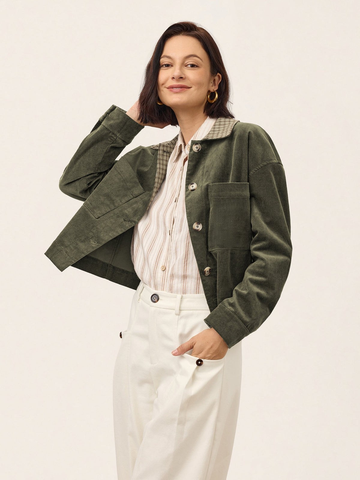 Cotton Lyocell Contrast Check Collar Cropped Jacket FLORENZA