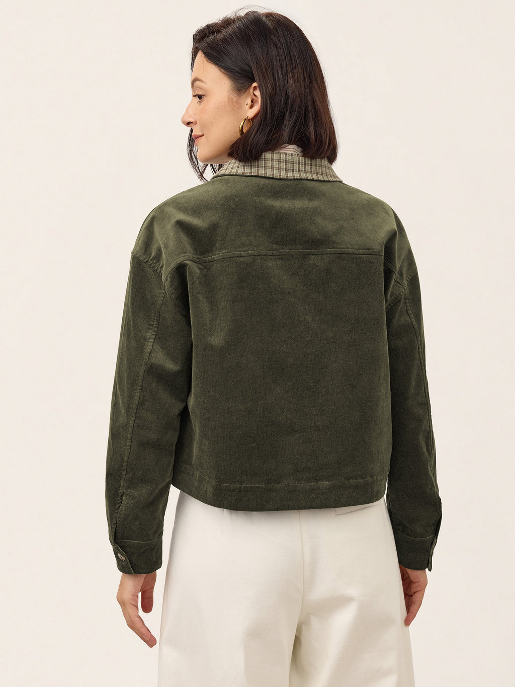 Cotton Lyocell Contrast Check Collar Cropped Jacket FLORENZA
