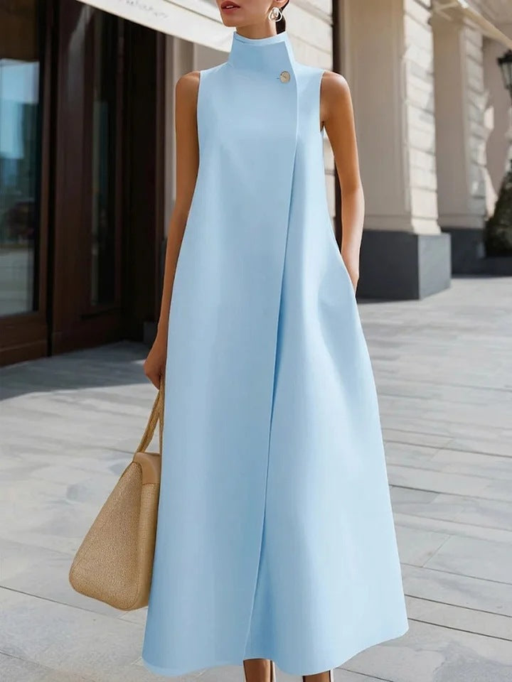 Elegant Sleeveless Long Dress – Stand Collar Office & Casual Dress