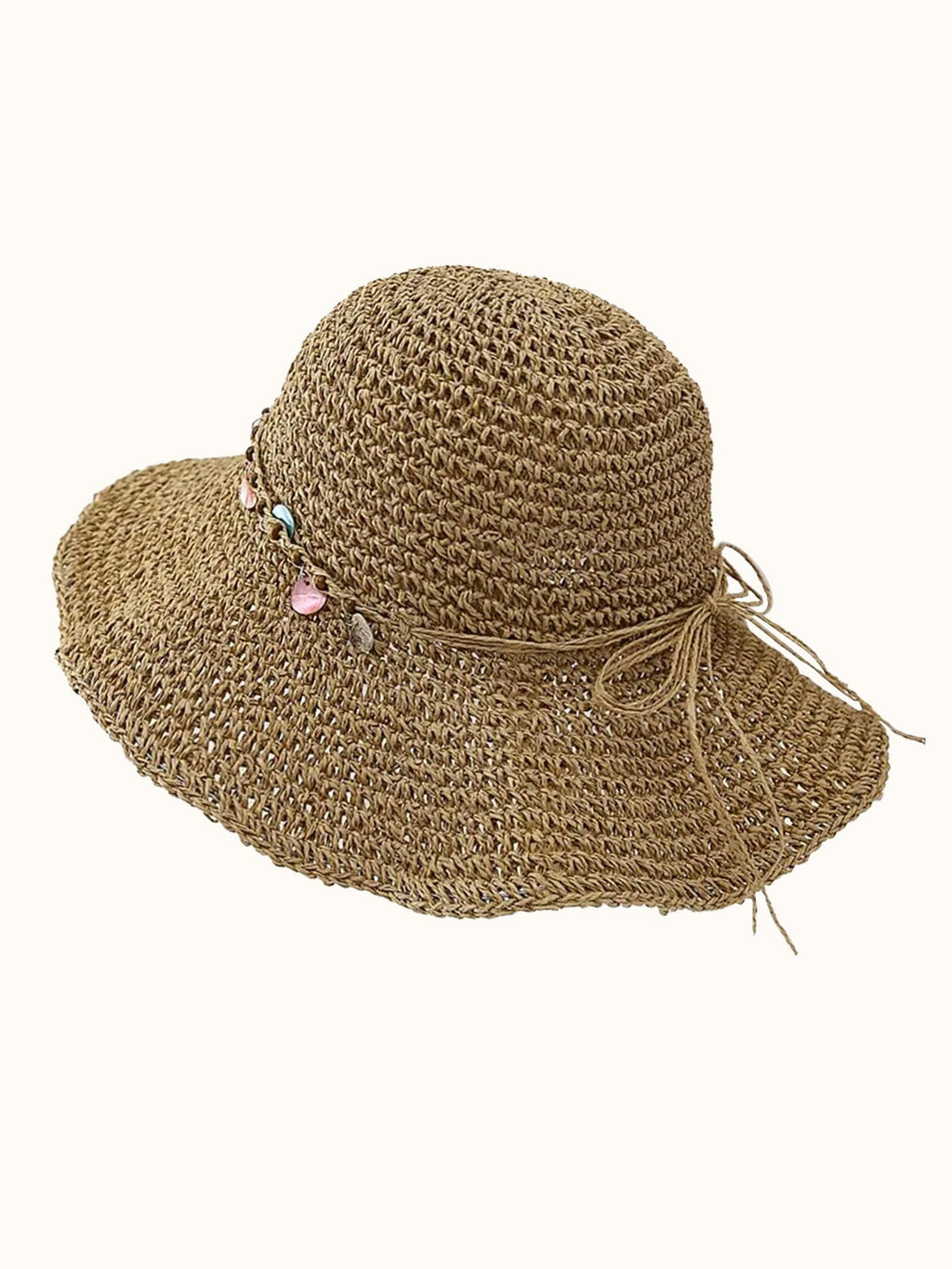 Foldable Wide Brim Straw Hat with Shell Decor