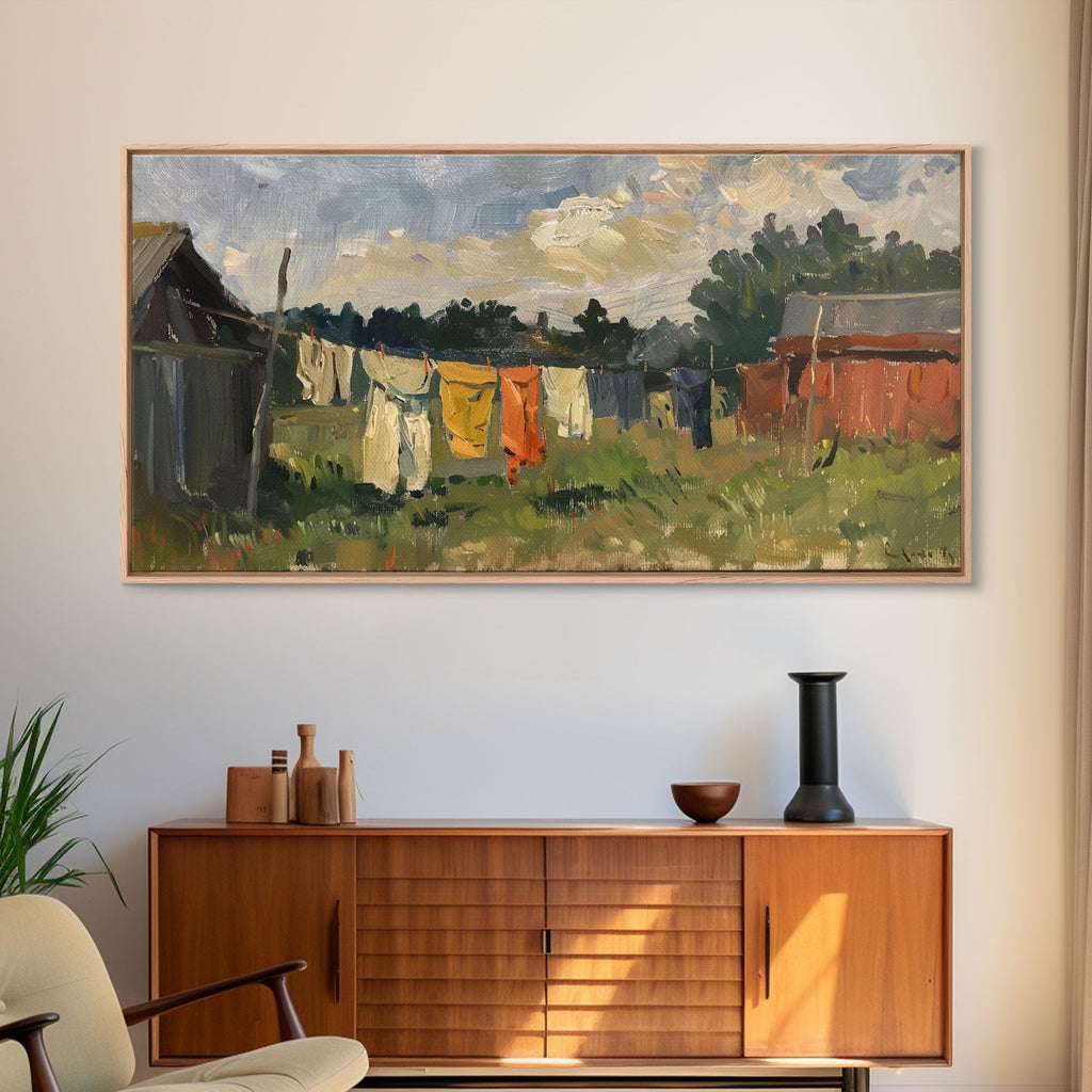 Sunny Day on the Farm with Clothesline, Framed Canvas Print, Rustic Wall Art, Living Room Decor, Farmhouse Style, Country Scene