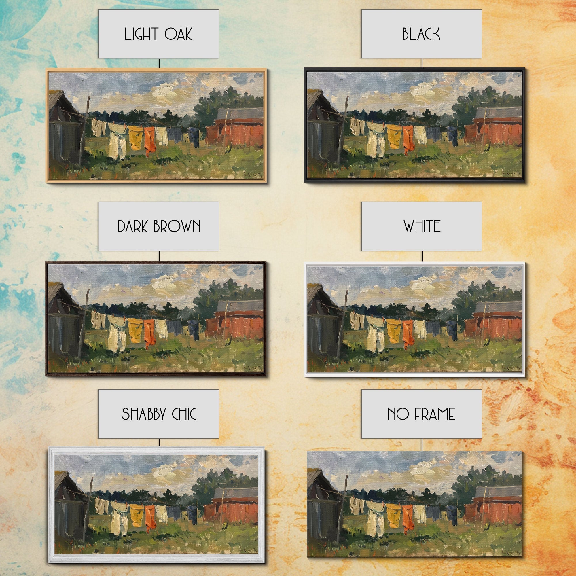 Sunny Day on the Farm with Clothesline, Framed Canvas Print, Rustic Wall Art, Living Room Decor, Farmhouse Style, Country Scene