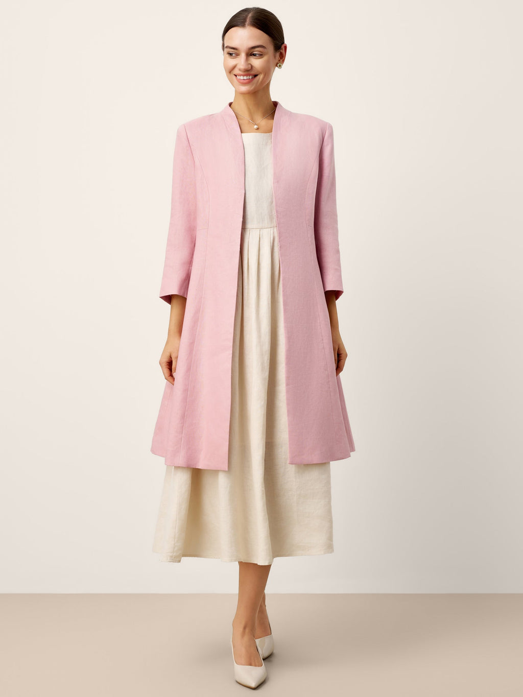 100% Linen Sculpted Waist V-neck Longline Jacket Top AZURA