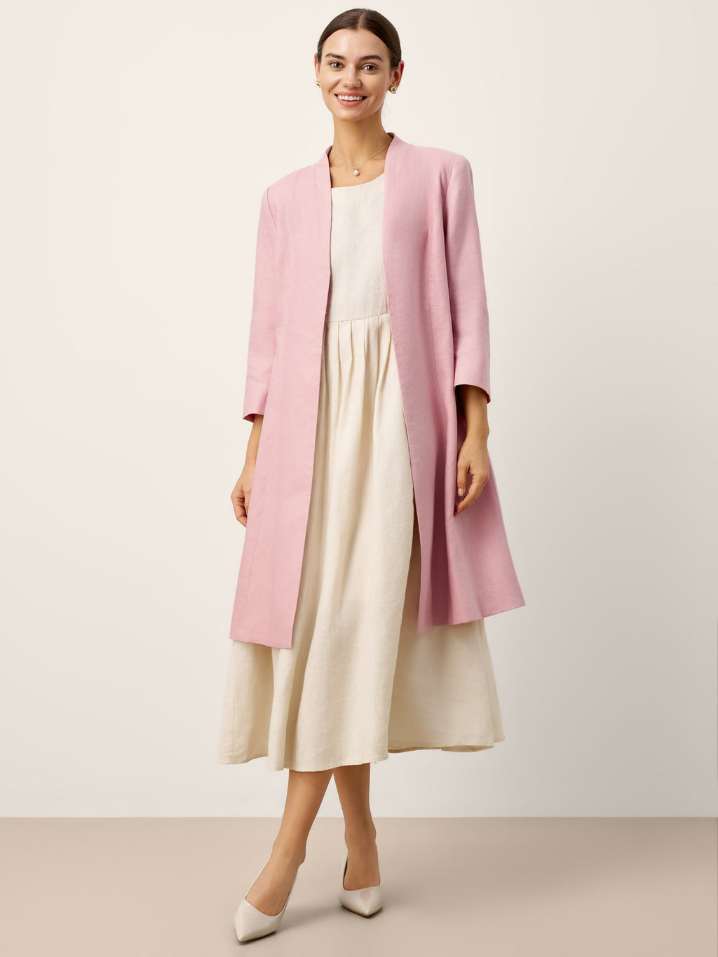 100% Linen Sculpted Waist V-neck Longline Jacket Top AZURA