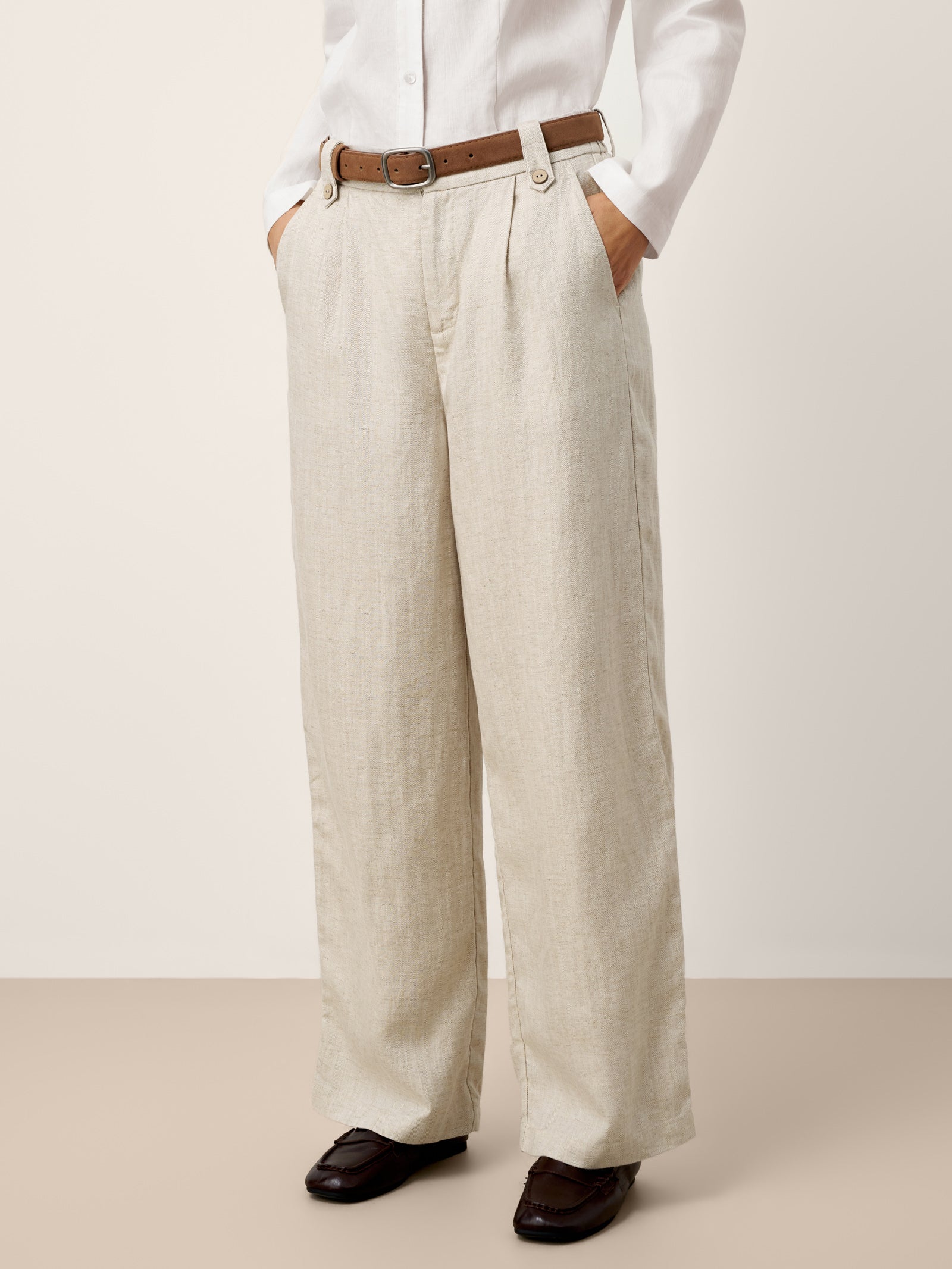 Linen-Lyocell Pleated Wide Leg Trousers with Back Elastic & Button Detail AISLING