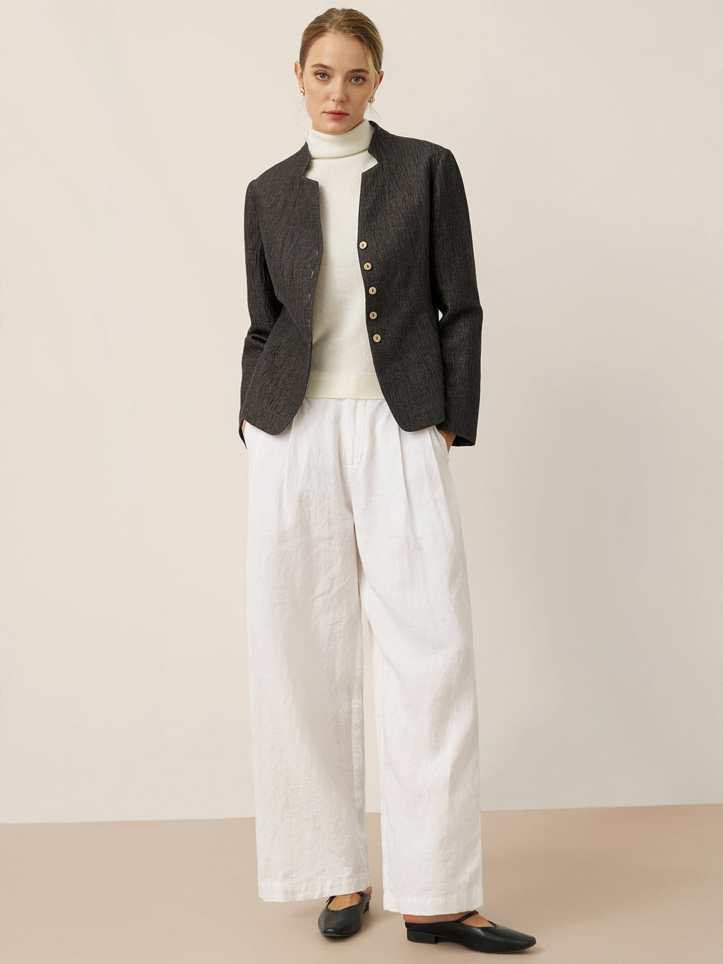 Linen Mandarin Collar Button-Up Shirt Jacket KIMBERLY