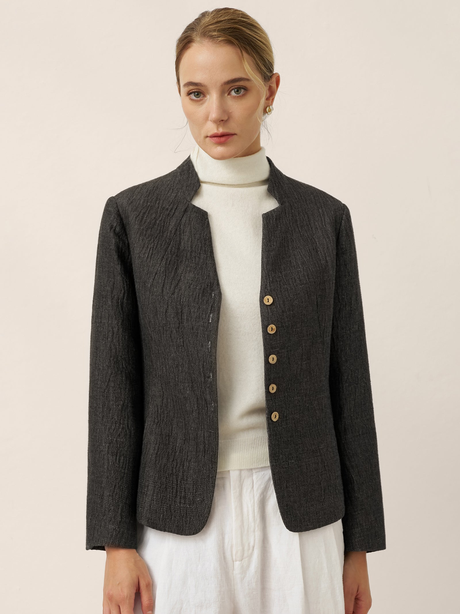 Linen Mandarin Collar Button-Up Shirt Jacket KIMBERLY