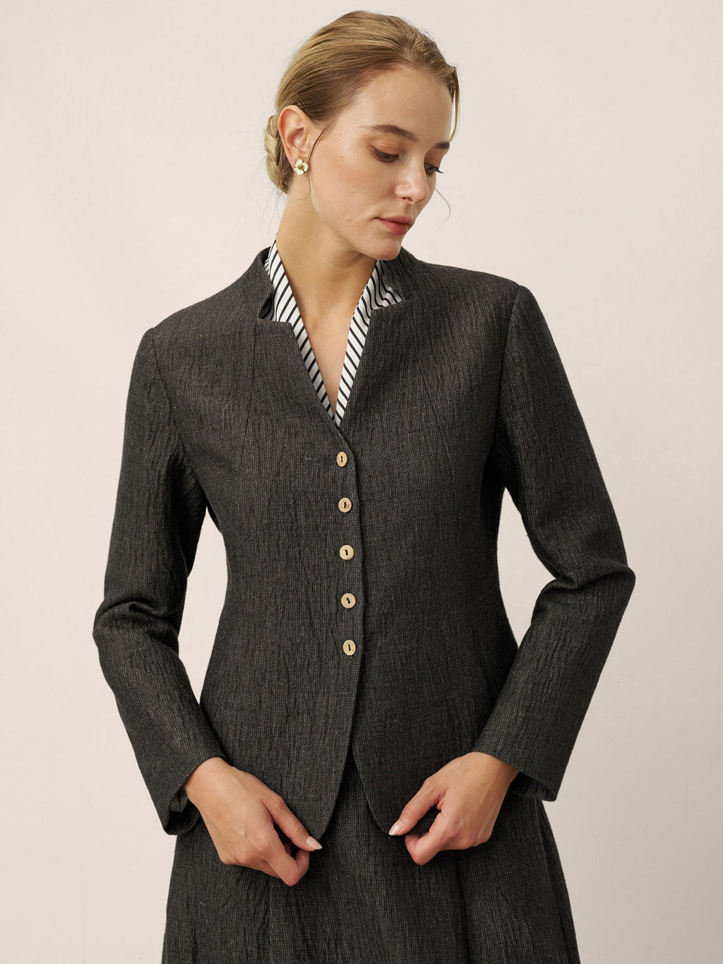 Linen Mandarin Collar Button-Up Shirt Jacket KIMBERLY