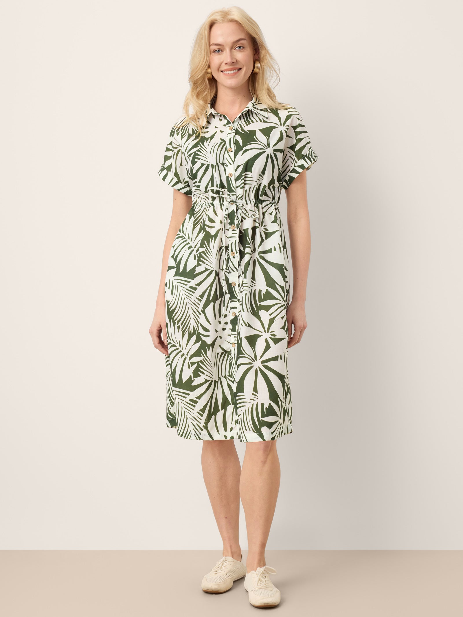 Linen Palm Print Drawstring Waist Cuffed Sleeve Midi Shirt Dress AURELIA