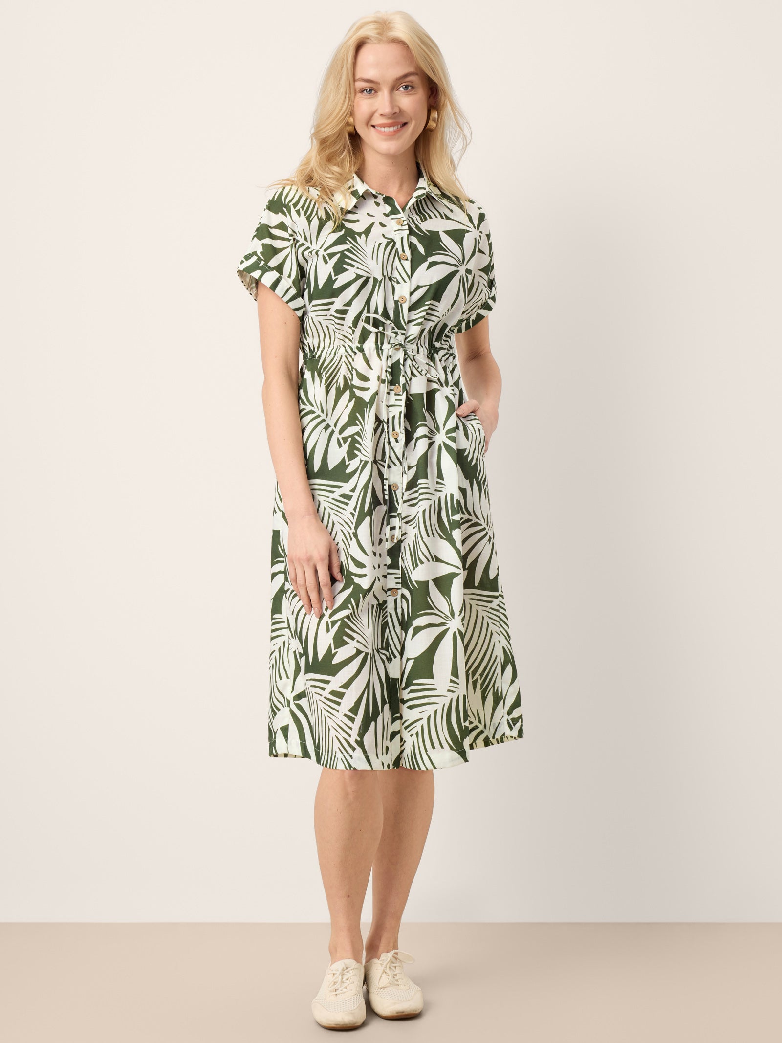 Linen Palm Print Drawstring Waist Cuffed Sleeve Midi Shirt Dress AURELIA