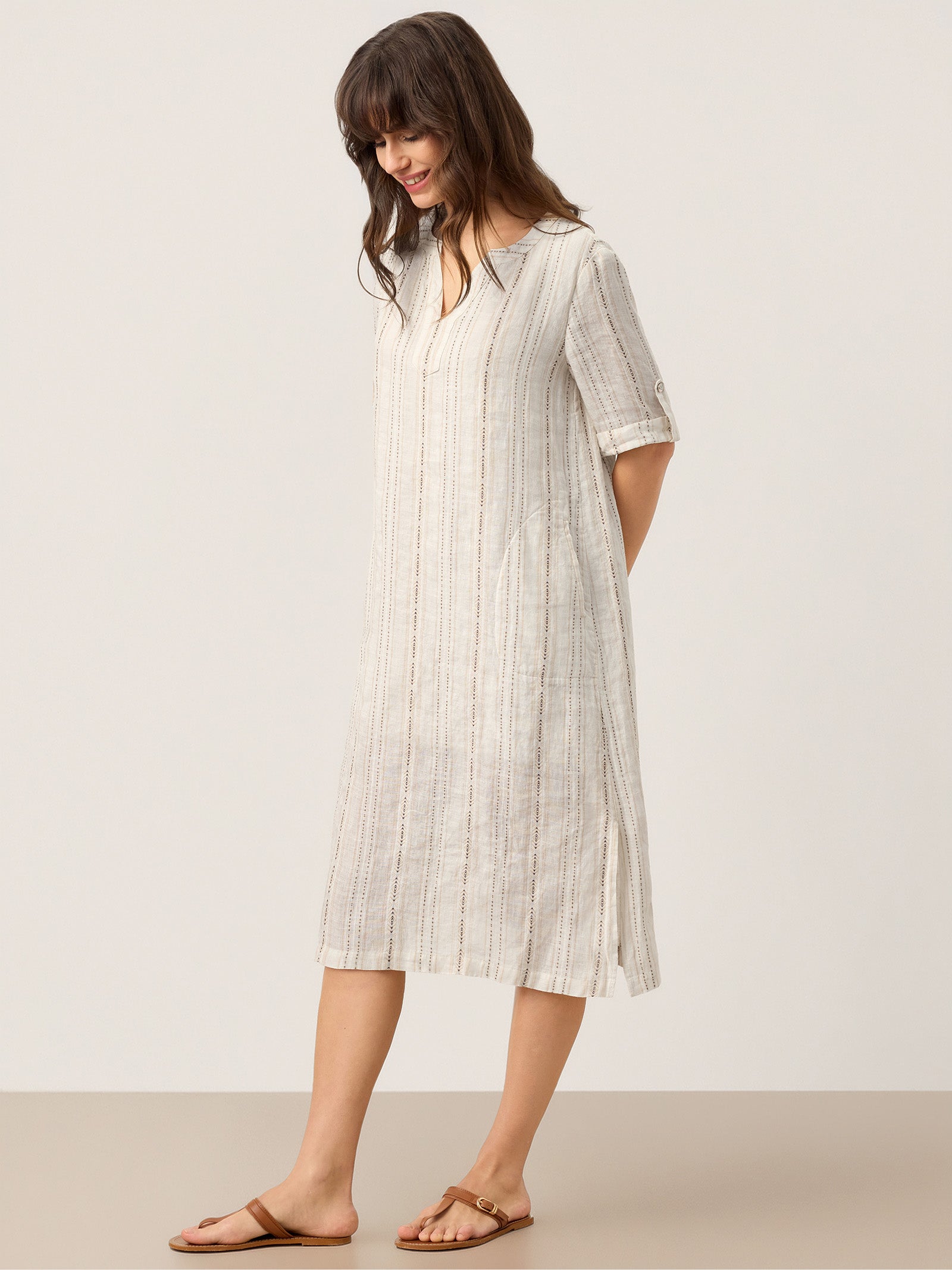 Linen Striped Notch Neck Tab-Cuff Bohemian Midi Dress ALTHEA