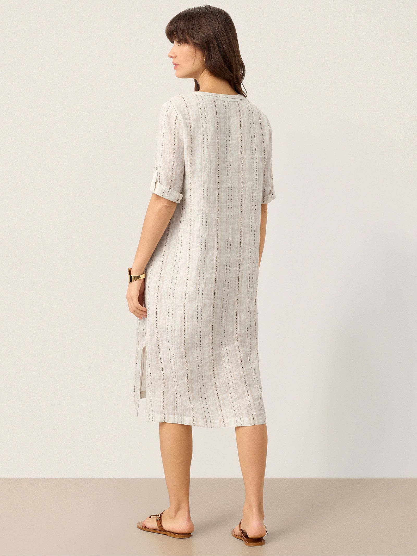 Linen Striped Notch Neck Tab-Cuff Bohemian Midi Dress ALTHEA