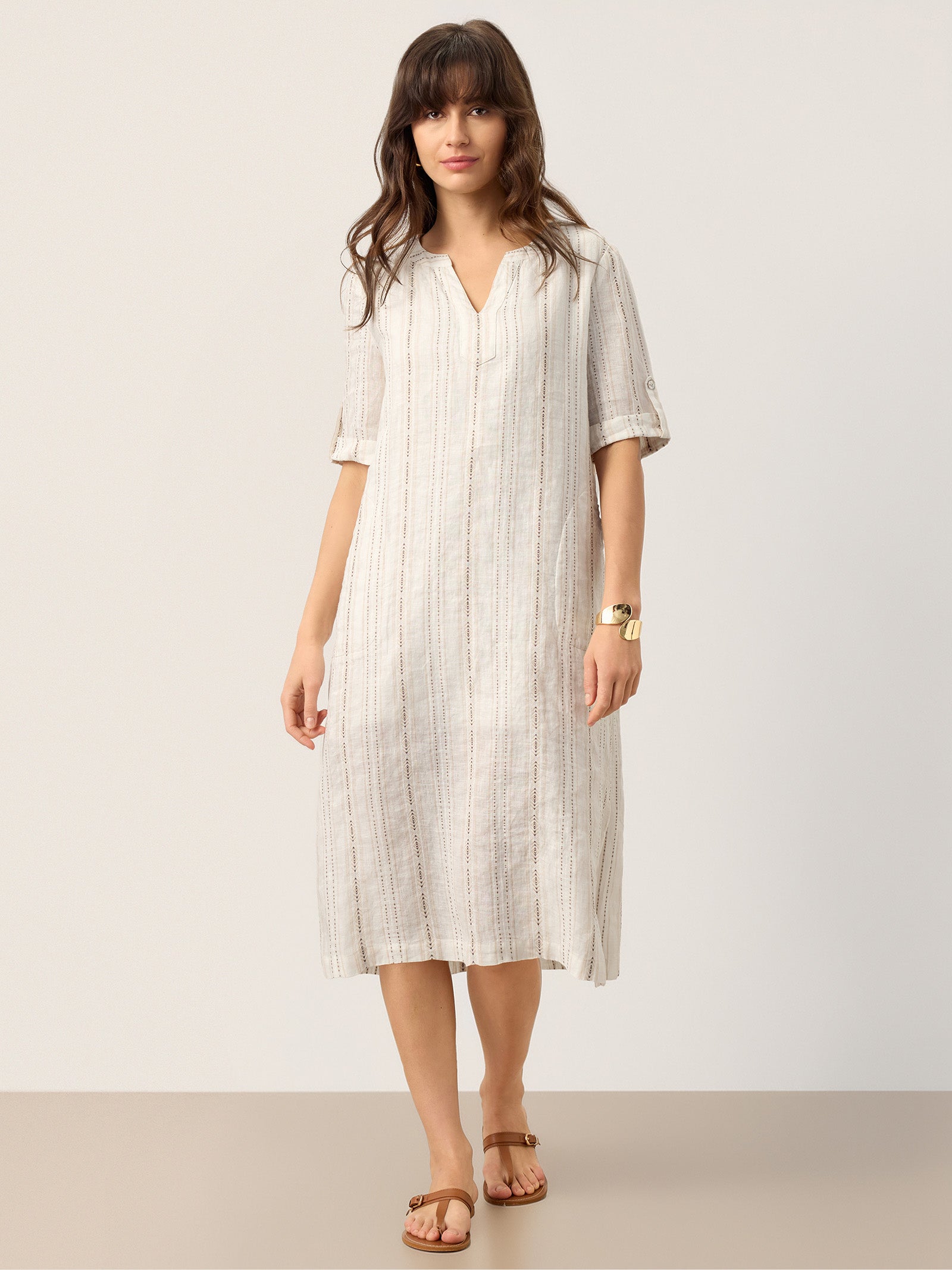 Linen Striped Notch Neck Tab-Cuff Bohemian Midi Dress ALTHEA