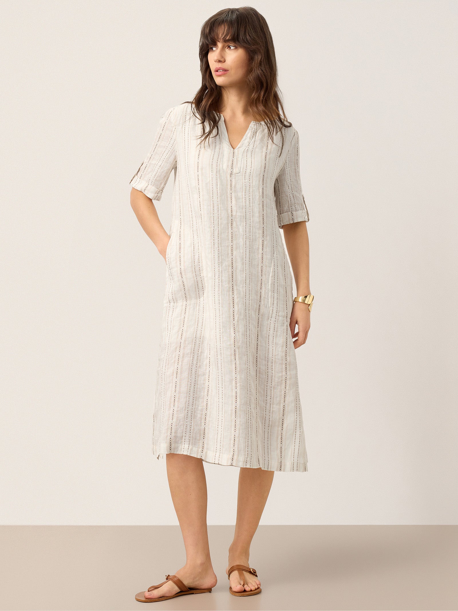 Linen Striped Notch Neck Tab-Cuff Bohemian Midi Dress ALTHEA