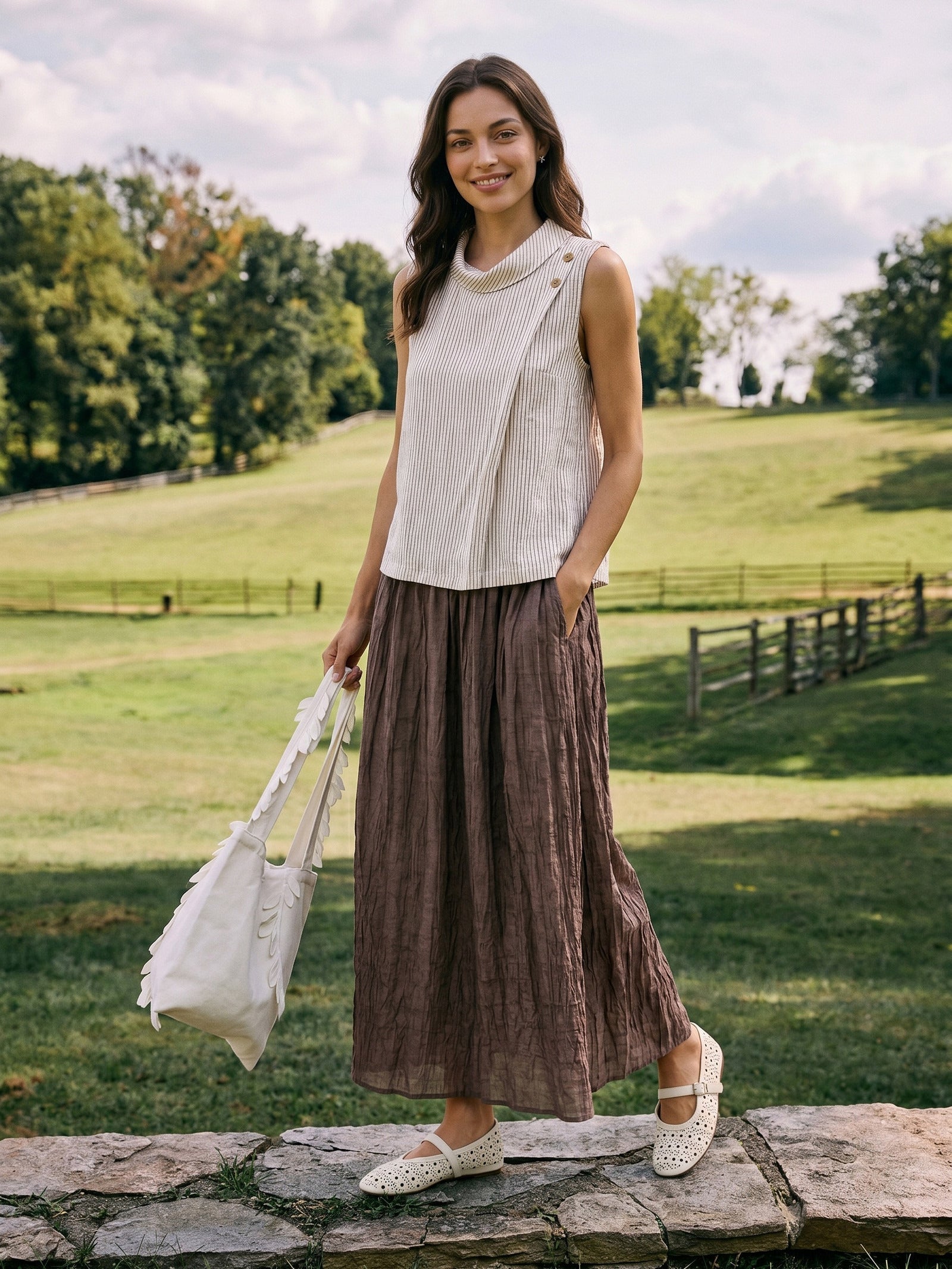 Linen Textured Pleated Waist Skirt ROSAMUND