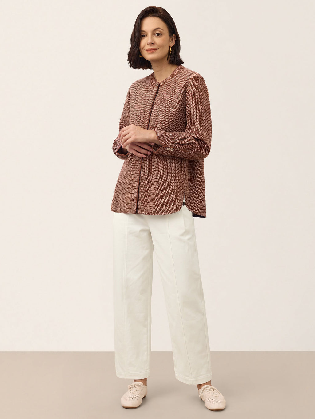 Linen Yarn Dyed Check Piped Long Sleeve Shirt AMARANTA
