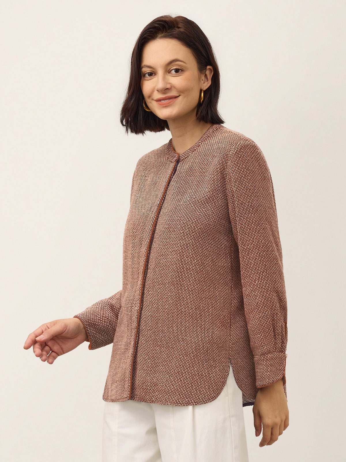 Linen Yarn Dyed Check Piped Long Sleeve Shirt AMARANTA