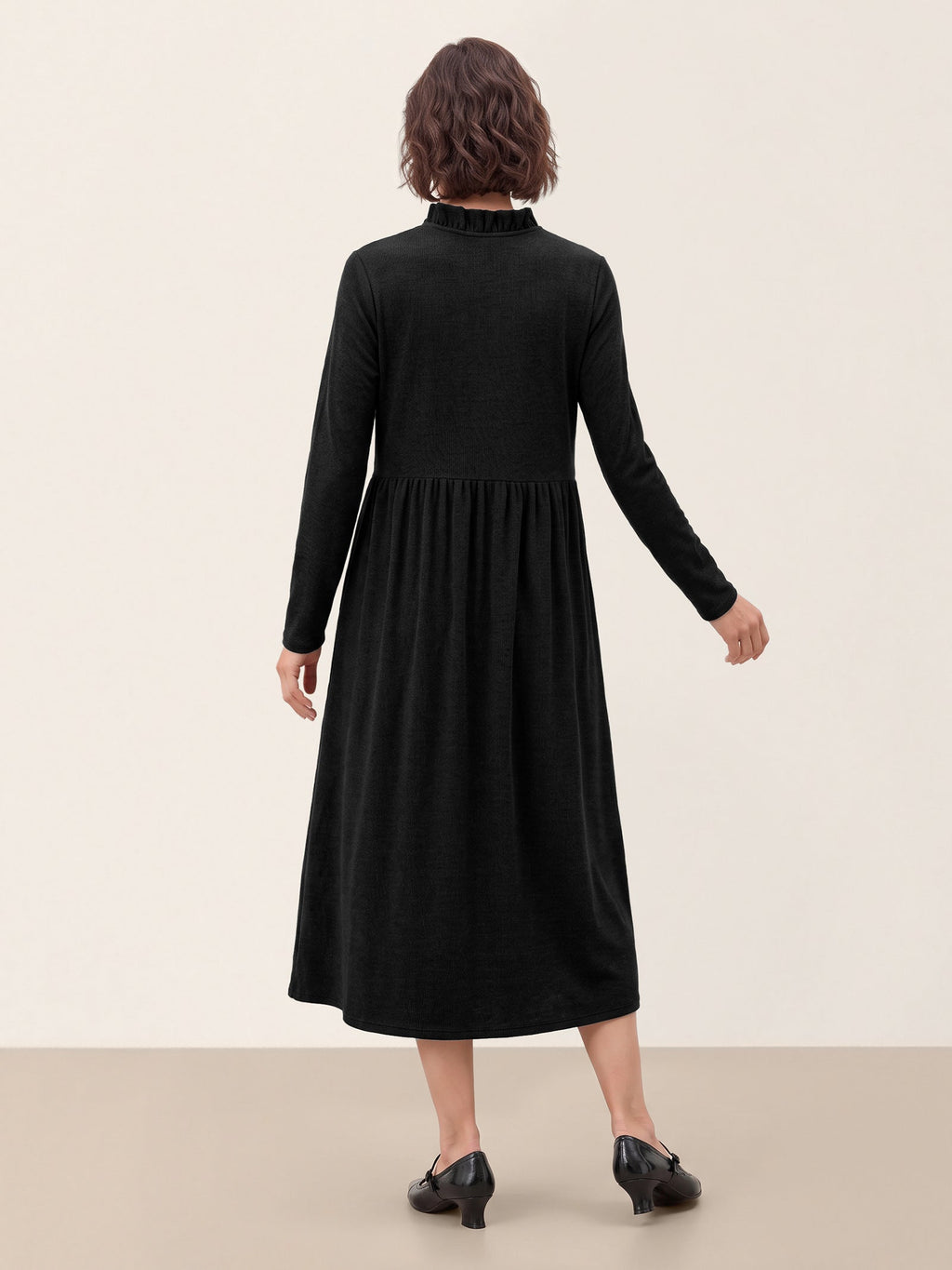 Lyocell Ruffle V-Neck Gathered Waist Knit Midi Dress BRIELLE
