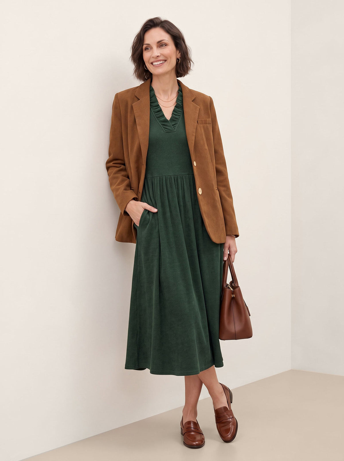 Lyocell Ruffle V-Neck Gathered Waist Knit Midi Dress BRIELLE