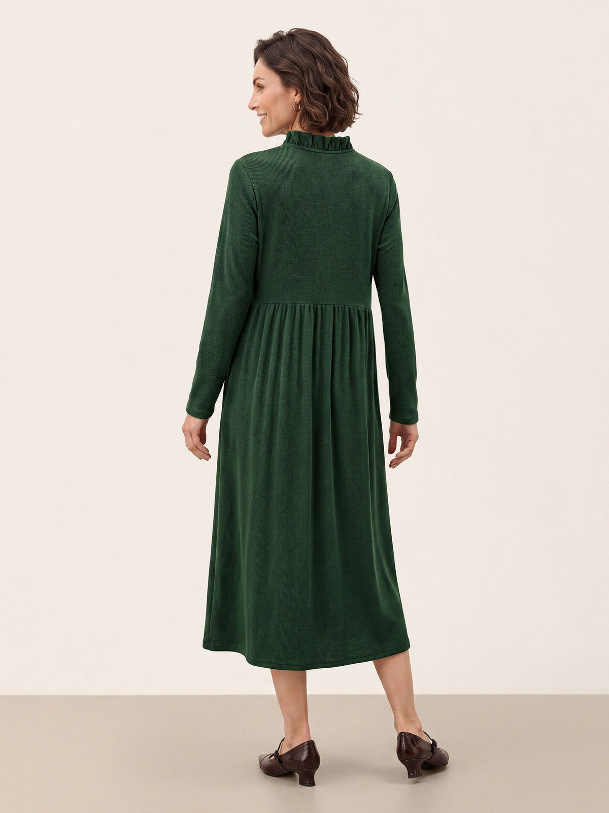 Lyocell Ruffle V-Neck Gathered Waist Knit Midi Dress BRIELLE