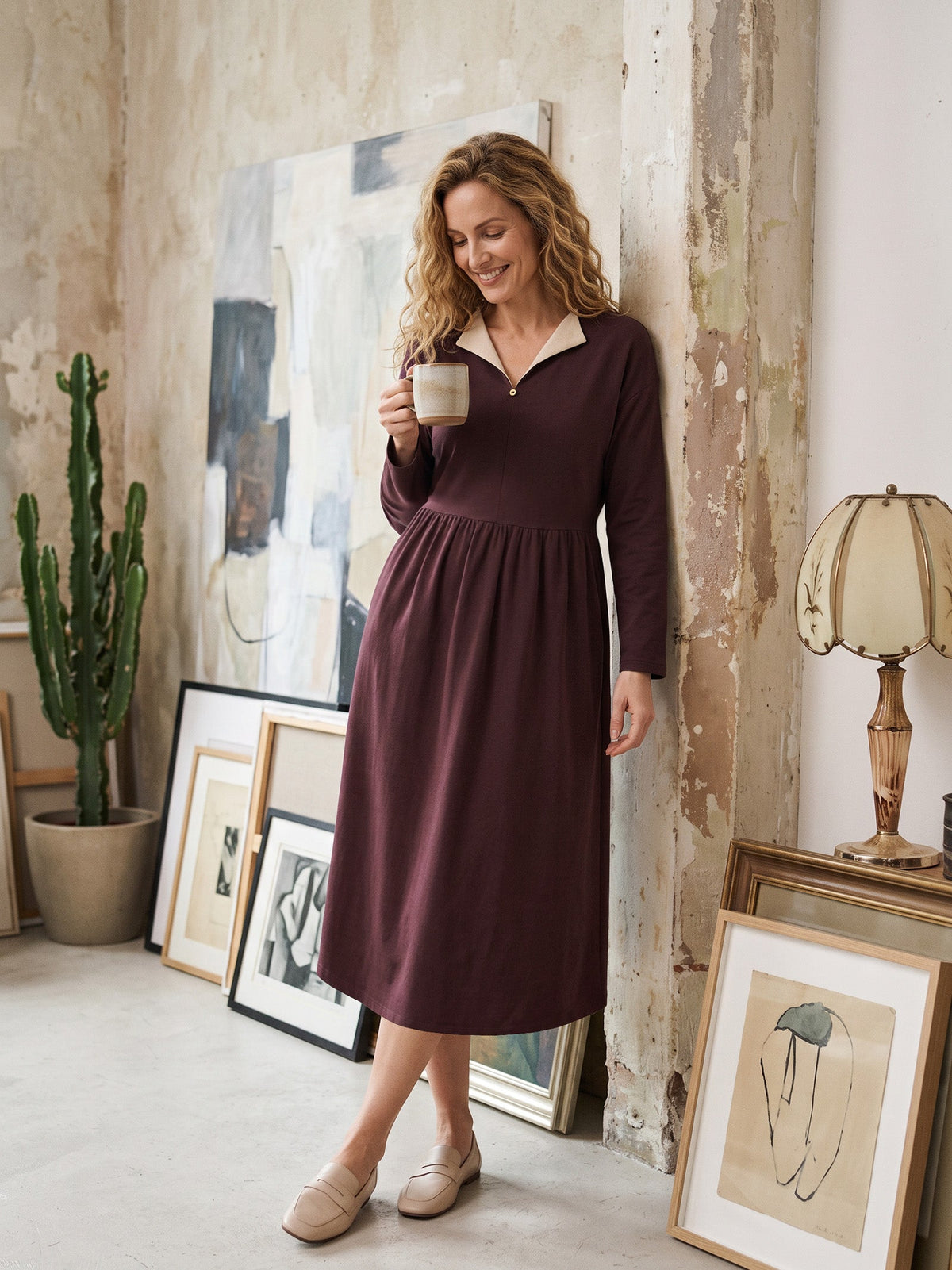 Cotton Yarn Dyed Color Block Gathered Waist Midi Shirt Dress YARITZA