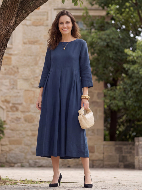 100% Linen Bateau Neck Pleated Maxi Dress