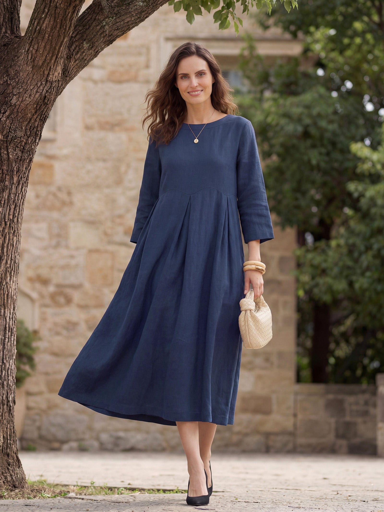 100% Linen Bateau Neck Pleated Maxi Dress