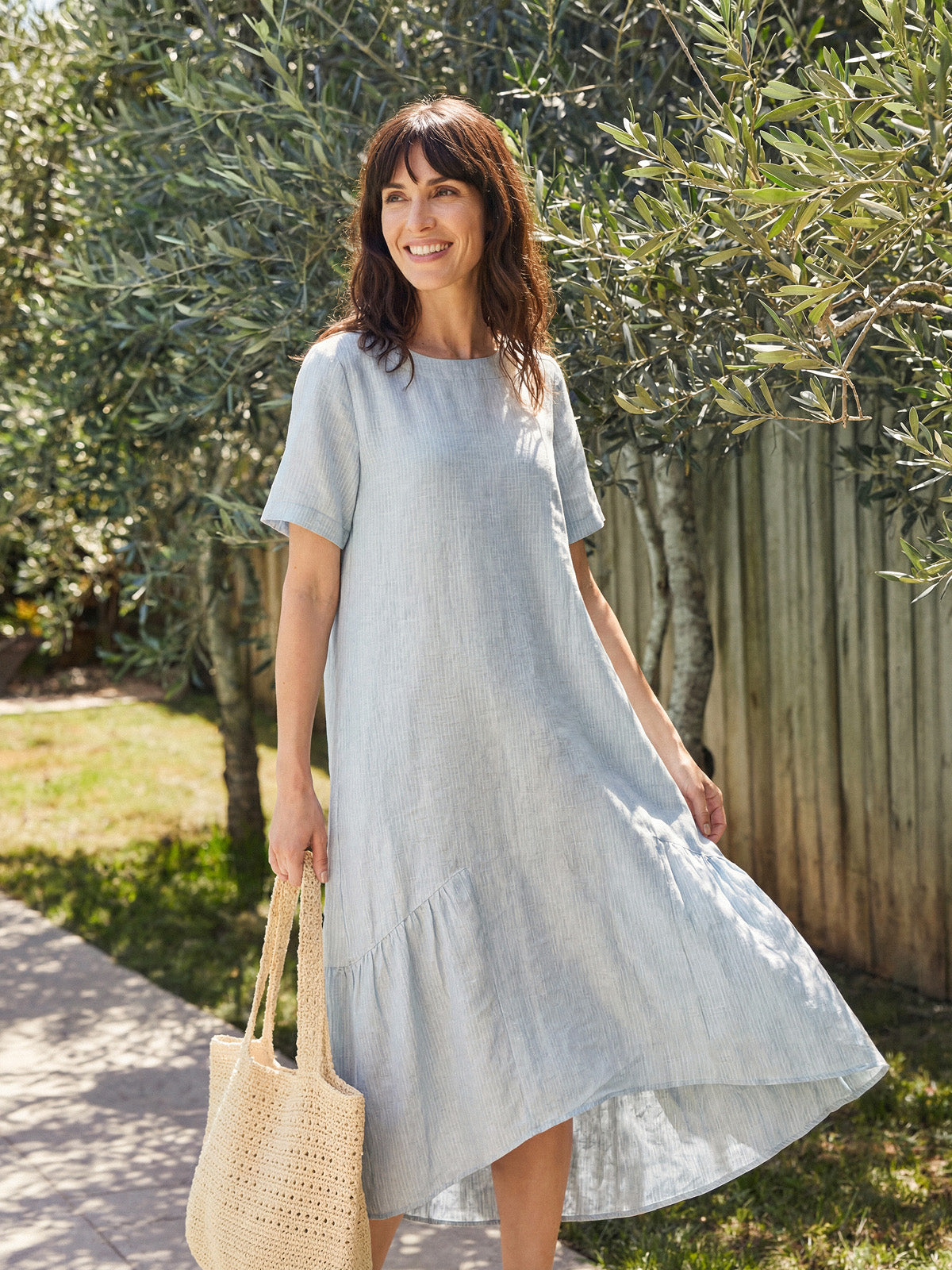 100% Linen A-Line Gathered Panel High-Low Maxi Dress LURLINE