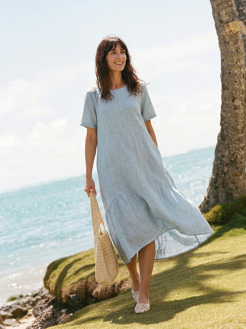 100% Linen A-Line Gathered Panel High-Low Maxi Dress LURLINE