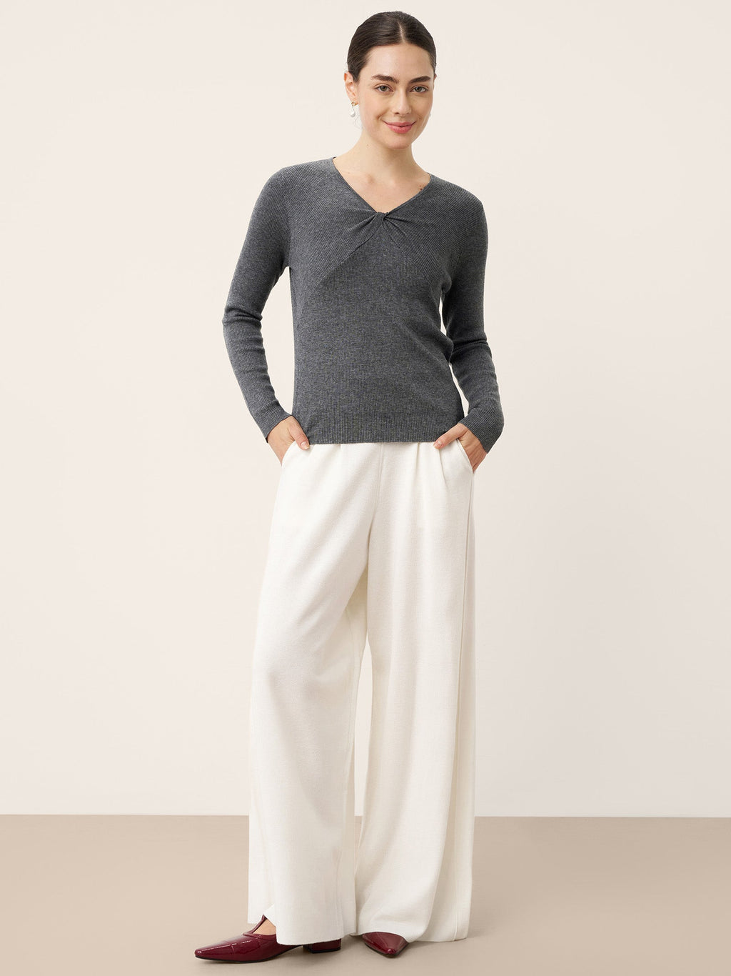 Merino Wool Ruched Panel V-Neck Top RAVEN