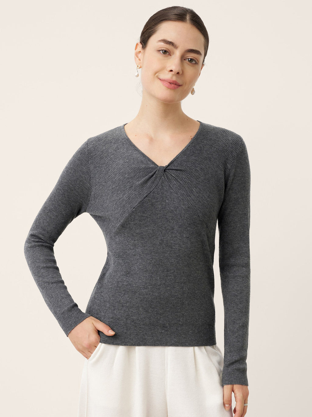 Merino Wool Ruched Panel V-Neck Top RAVEN