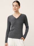 Merino Wool Ruched Panel V-Neck Top RAVEN
