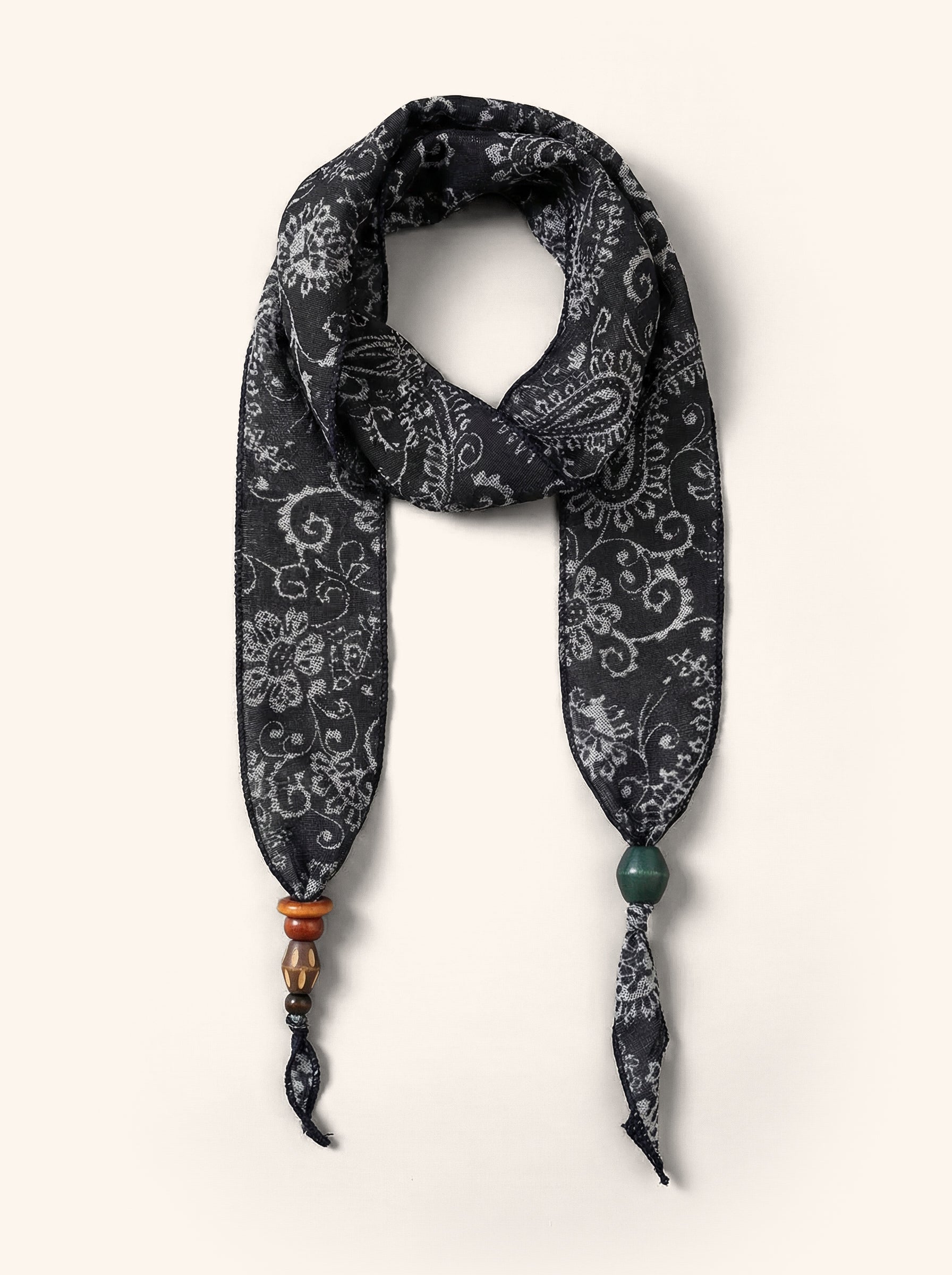 Multi-Functional Floral Satin Scarf With Jade Bead Accents
