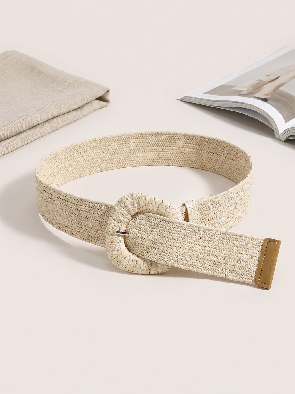 Natural Woven Straw Belt With Square Buckle