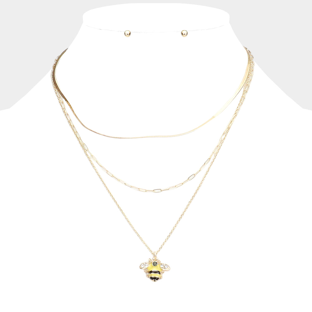 Stone Embellished Enamel Honey Bee Pendant Triple Layered Necklace
