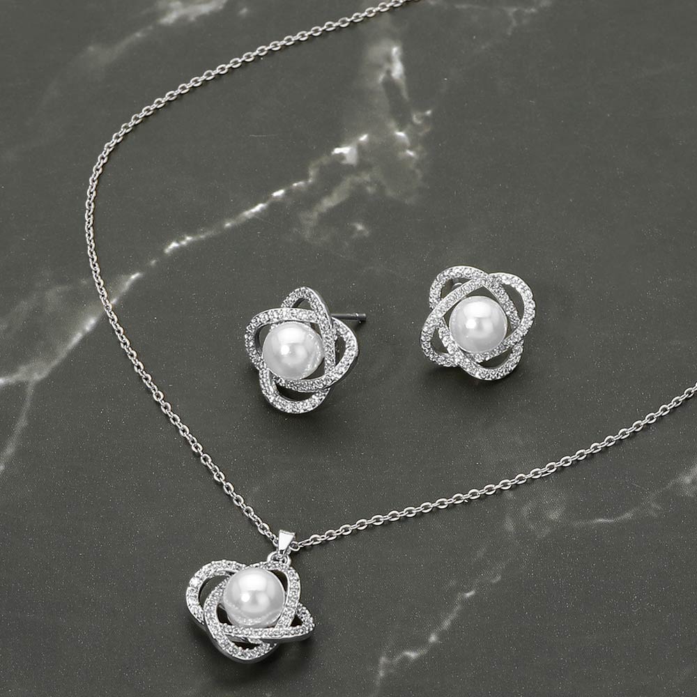 Stainless Steel Pearl Accent Stone Pave Flower Pendant Necklace