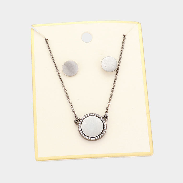 Crystal Trim Round Metal Pendant Necklace